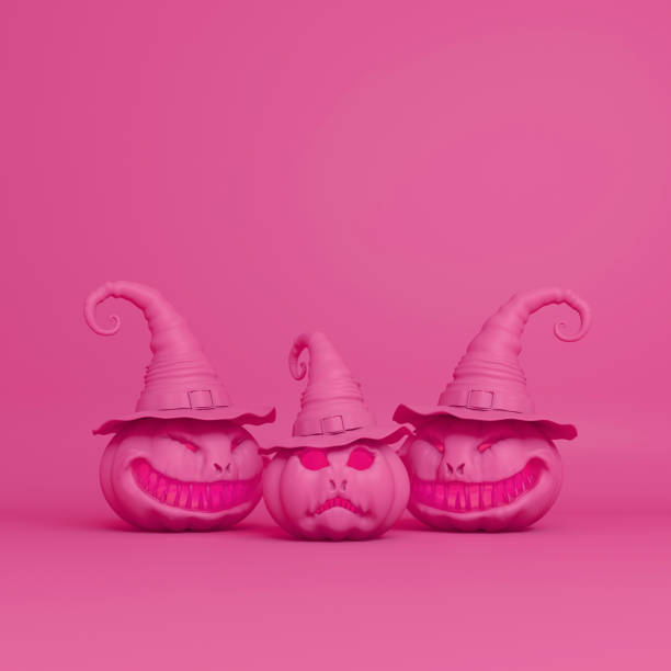 istock Smiling pink pastel pumpkin head jack o lantern with witches hat 1056162518