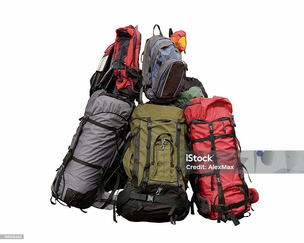 Pile of backpacks Pile of backpacks - backpacking concept isolated on white with clipping path Backpack Stock Photo