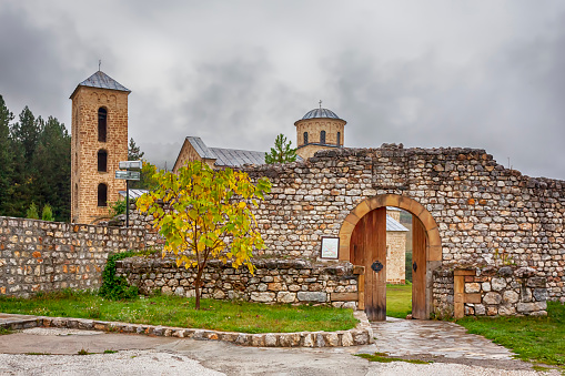 Serbian Orthodox Monastery Sopocani, 13th Century, Serbia -  view from outside of medieval fortifying wall and gate