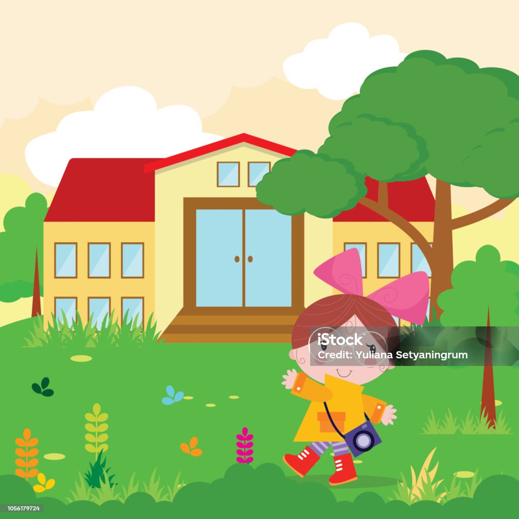 Adorable Little Girls Walking Alone With Camera In Front Of Big House  Cartoon Character Stock Illustration - Download Image Now - iStock
