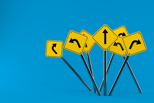 Road signs isolated on blue background. 3d illustration
