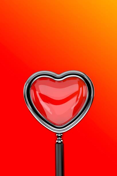 Magnifying glass in heart shape on red background. 3d illustration