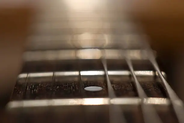 Guitar neck and fingerboard. Selective focus on single fret.  