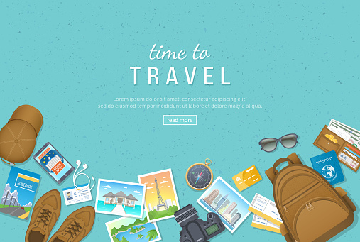 Time to travel, vacation, journey. Travel planning, preparing, packing check list, booking hotel. Сamera, photos, air ticket, passport, baggage, wallet,  compass, shoes, cap. Top view Vector