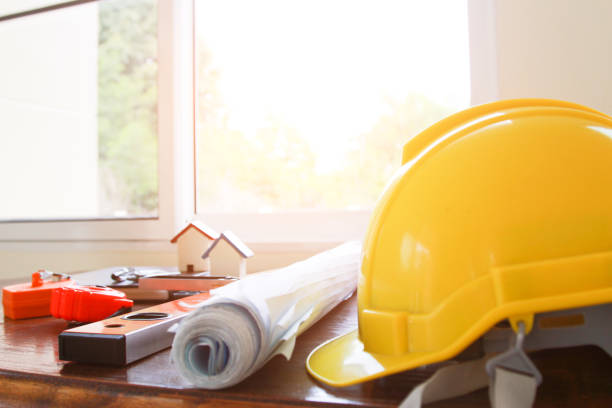 istock Architectural Office desk background construction project ideas concept, With drawing equipment 1056195850