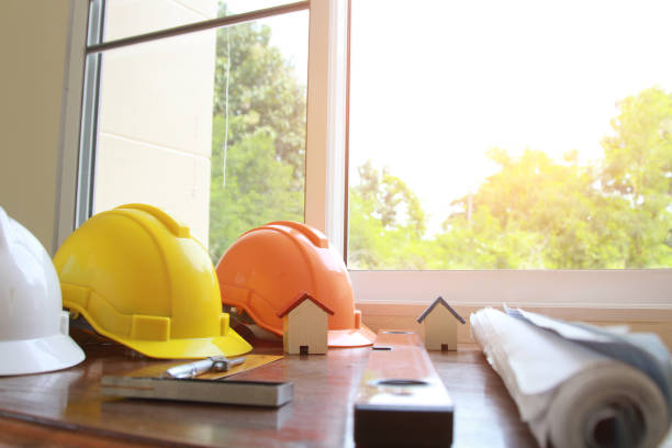 istock Architectural Office desk background construction project ideas concept, With drawing equipment 1056195854