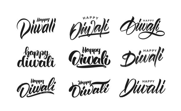 illustrazioni stock, clip art, cartoni animati e icone di tendenza di grande set di composizione del tipo di lettering scritto a mano di happy diwali. illustrazione vettoriale. - diwali