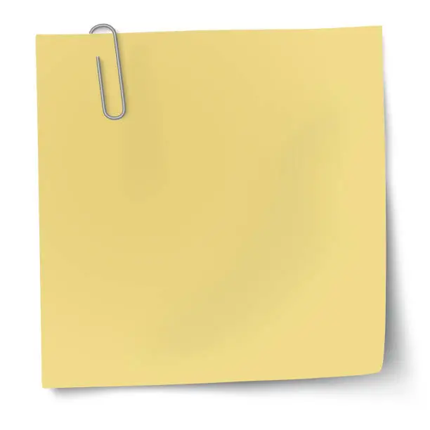Vector illustration of Yellow sticky note with metallic paper clip