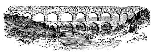 illustrations, cliparts, dessins animés et icônes de pont du gard, aqueduc romain antique - pont du gard