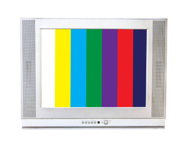 istock Classic Vintage Retro Style old bronze or silver television with test screen,old  television with cut screen on isolated background. 1056206116