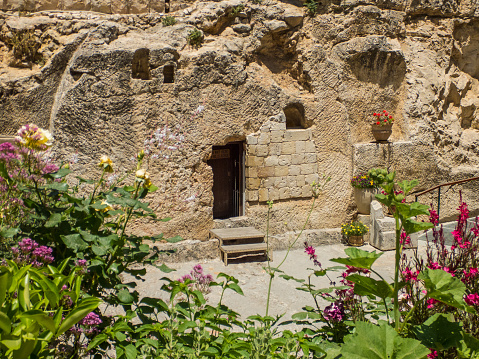 The Garden Tomb, entrance to the tomb cut into the rock. The Garden Tomb, site of pilgrimage, rock tomb outside the walls of the Old City of Jerusalem, Israel