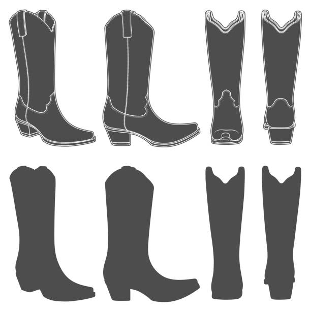 Set of black and white illustrations with cowboy boots. Isolated vector objects. Set of black and white illustrations with cowboy boots. Isolated vector objects on white background. country fashion stock illustrations