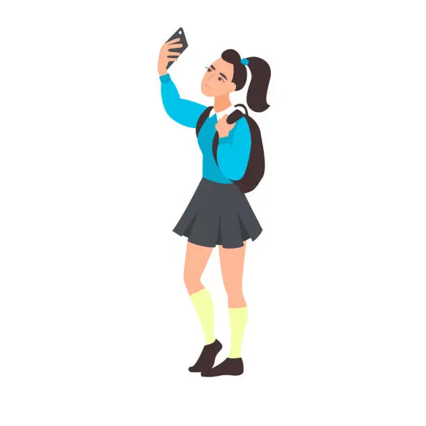 Vector illustration of Young woman take selfie. Teenager blogging. Teen student takes a photo or video on the mobile phone. Girl takes pictures of herself on the front camera