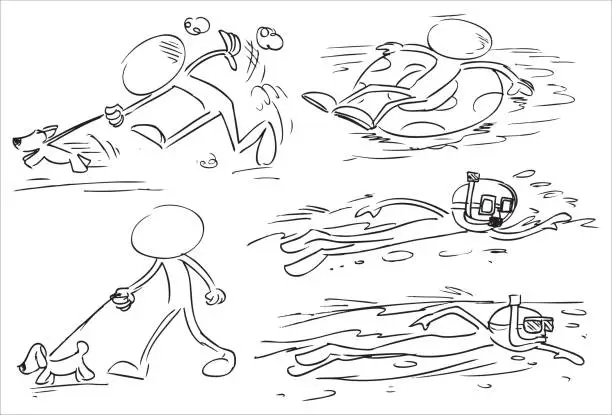 Vector illustration of characters swimming and walking a dog