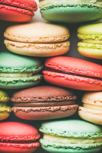 istock Colorful French macaroons cookies stacked in rows, vertical composition 1056213340