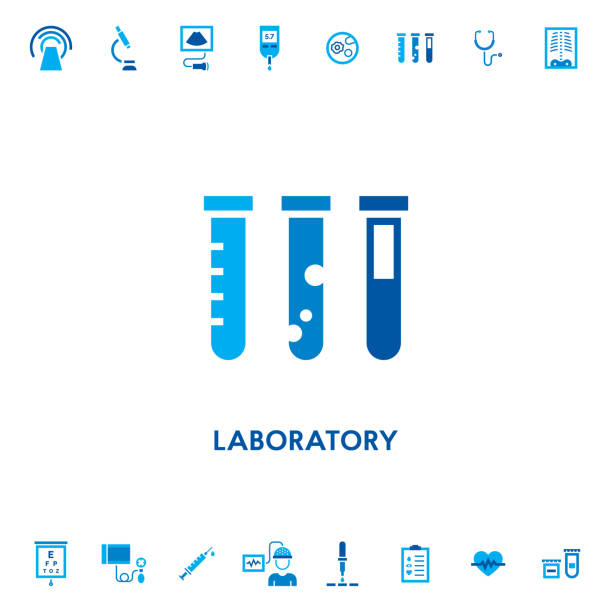 Laboratory Tubes Diagnostic Vector Icon Laboratory tubes diagnostic vector icon logo. Chemical test signs with liquid. Isolated biology equipment design on white background. Medical research illustration for laboratory, hospital. medical research blood stock illustrations