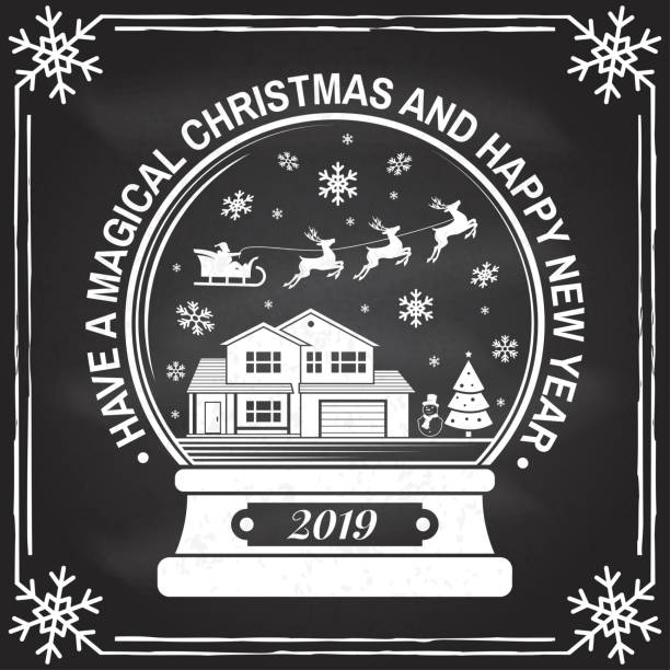 Have a Magical Christmas and Happy New Year stamp, sticker set with snowflakes, christmas snow globe. Vector illustration. Have a Magical Christmas and Happy New Year stamp, sticker set with snowflakes, christmas snow globe. Vector illustration. Vintage typography design for xmas, new year emblem in retro style snow globe earth stock illustrations