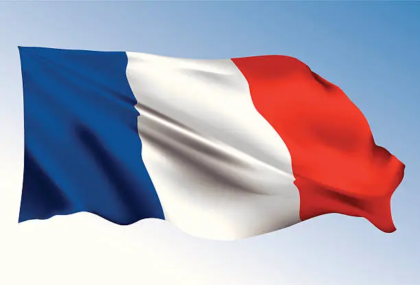 Vector illustration of French flag waving in wind on blue sky