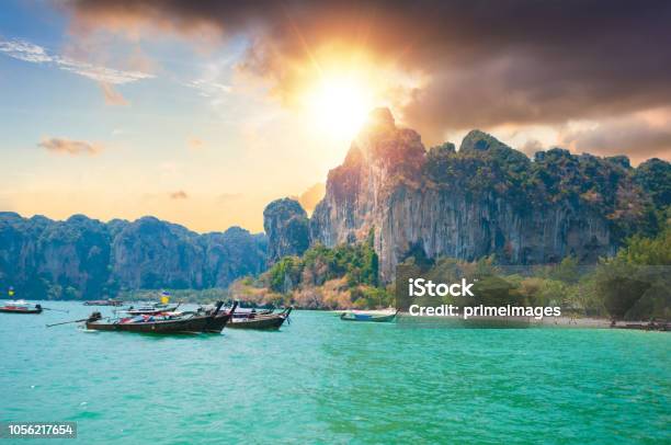 Beautiful Sunset At Tropical Sea With Long Tail Boat In South Thailand Stock Photo - Download Image Now