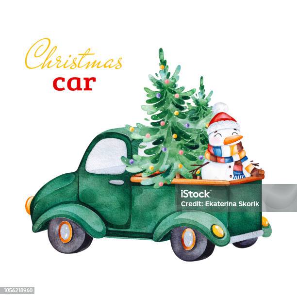 Christmas Abstract Retro Car With Christmas Treesnowmen And Other Decorations Stock Illustration - Download Image Now