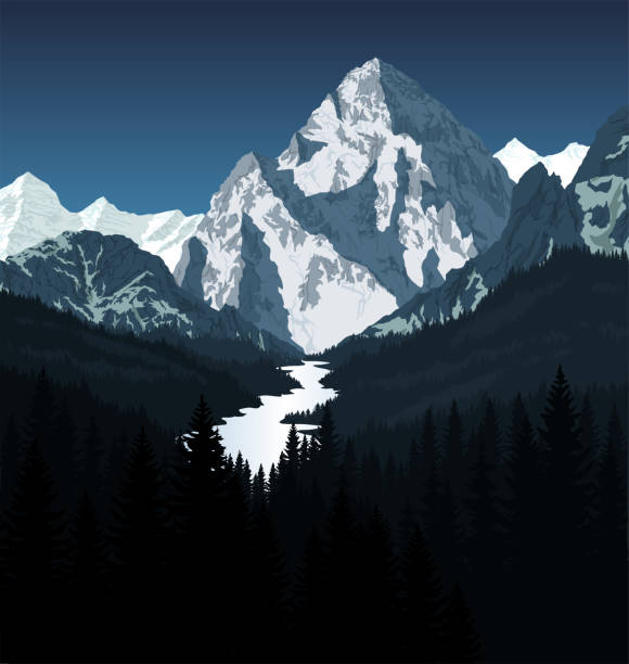 vector K2 mountain with river in woodland vector K2 mountain with river in woodland k2 mountain panorama stock illustrations