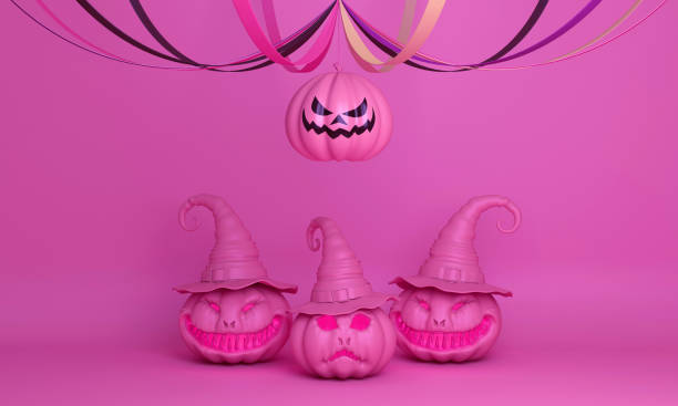 istock Smiling pink pastel pumpkin head jack o lantern with witches hat 1056228528