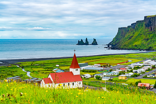 View of Reyniskirkja Church in Vik of Iceland with beautiful yellow flowers field in the foreground and Reynisdrangar rock formation in the background