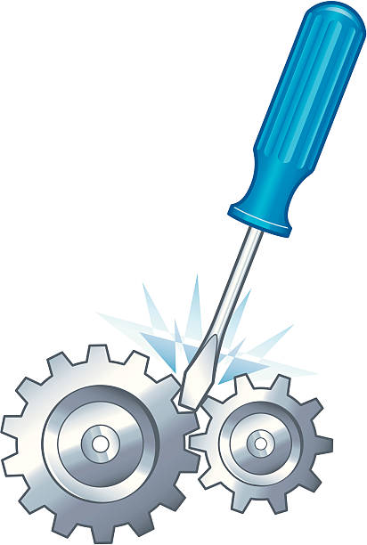 Screwdriver jammed in gearwheels  sabotage icon stock illustrations