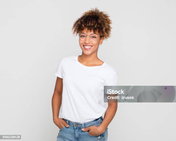 Portrait Of Stylish And Elegant African Woman Stock Photo - Download Image Now - White Color, T-Shirt, Women