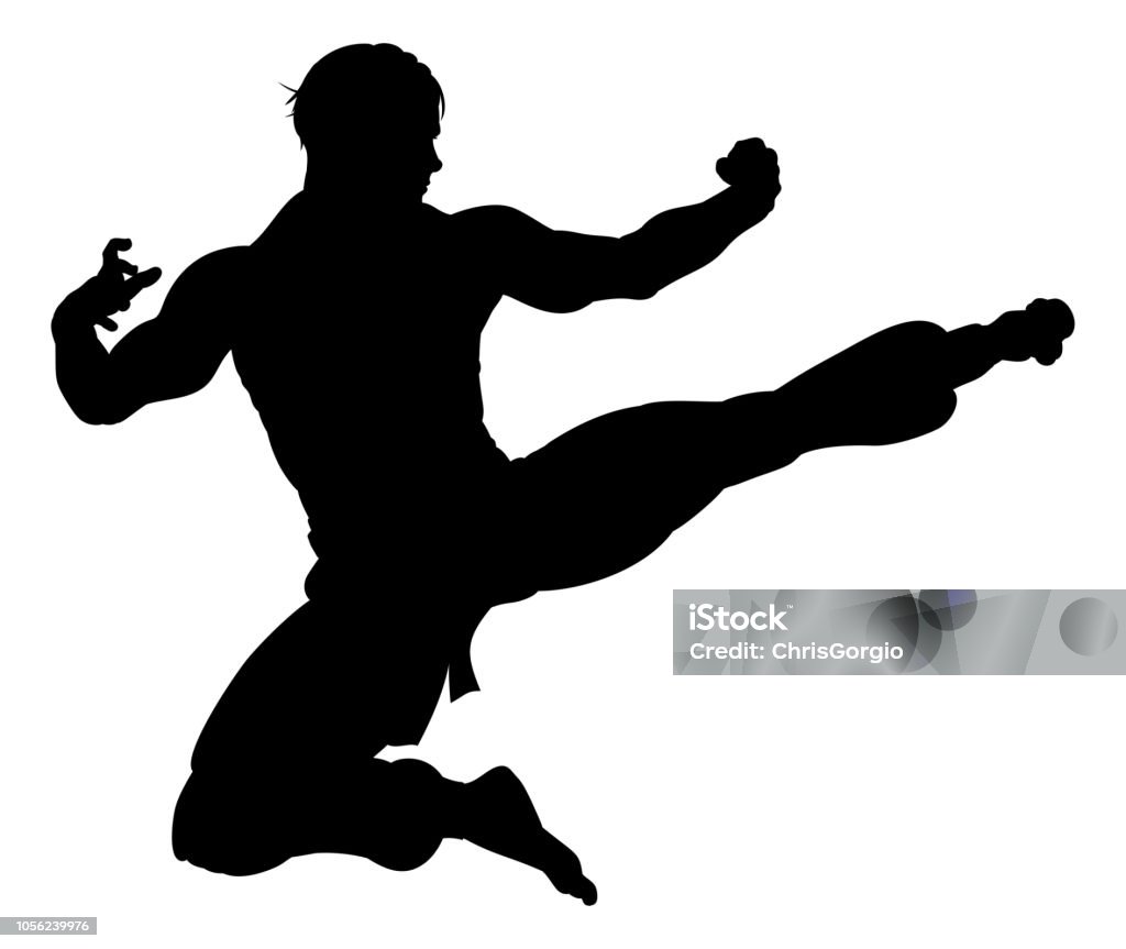 Karate Kung Fu Flying Kick Man Silhouette An illustration of karate or kung fu martial artist delivering a flying kick in silhouette Martial Arts stock vector