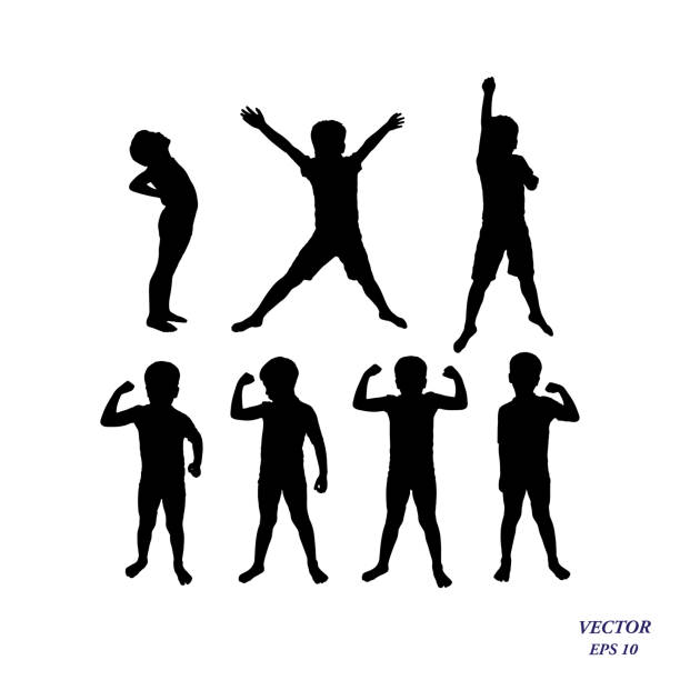 ilustrações de stock, clip art, desenhos animados e ícones de vector silhouette of confident boy athlete showing muscles, strength concept. - kd