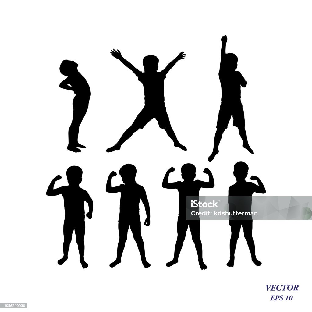 Vector silhouette of confident boy athlete showing muscles, strength concept. Set of children powerful. Vector silhouette of confident boy athlete showing his muscles, strength and power concept. Healthy child lifestyle. Isolated on white background. EPS10 Child stock vector