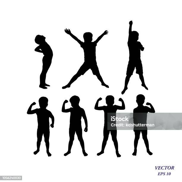 Vector Silhouette Of Confident Boy Athlete Showing Muscles Strength Concept Stock Illustration - Download Image Now