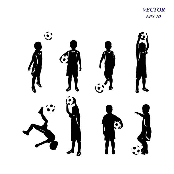 satz von kind fußball spielen. isoliert auf weißem hintergrund. - jugendfußball stock-grafiken, -clipart, -cartoons und -symbole