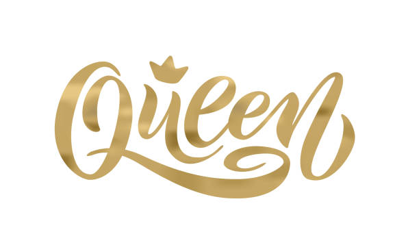ilustraciones, imágenes clip art, dibujos animados e iconos de stock de palabra de reina con la corona. ilustración de vector de mano letras texto - crown king queen gold