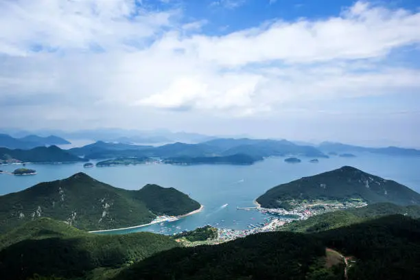 Hallyeosudo Marine National Park overlooking the Mireuksan Mountain in Tongyeong, South Korea.
