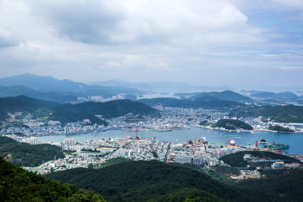 Hallyeosudo Marine National Park overlooking the Mireuksan Mountain in Tongyeong, South Korea.