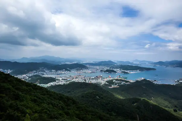 Hallyeosudo Marine National Park overlooking the Mireuksan Mountain in Tongyeong, South Korea.