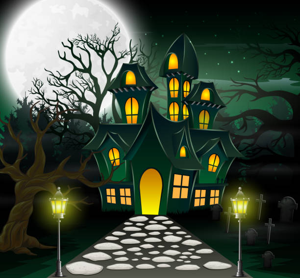 istock Cartoon of haunted house with full moon background and greenlight 1056249154