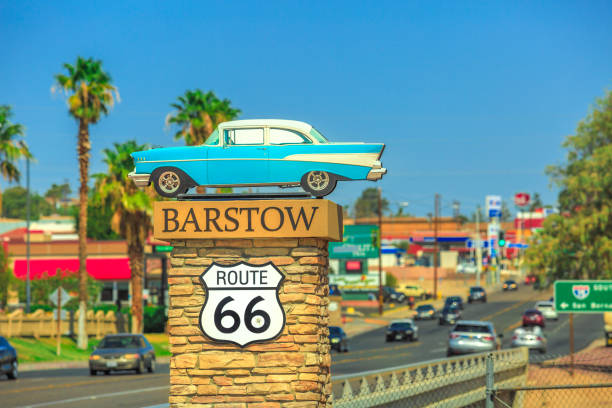Barstow, California, United States - August 15, 2018: Barstow Sign on Route 66 on entrance of the city Main Street. Barstow is an important crossroads between Los Angels and Las Vegas.