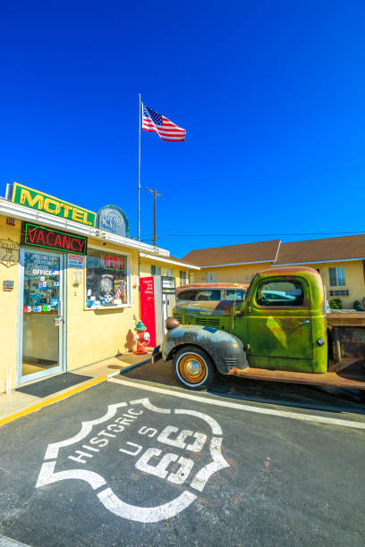 Barstow, California, United States - August 31, 2023: Route 66 pedestal  in Main Street in Barstow, which is part of the old Route 66, has several pedestals with vintage cars on top. This one represent the state of Illinois.