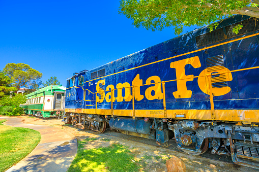 Barstow, California, USA - August 15, 2018: Santa Fe train wagon at Western America Railroad Museum near Harvey House Railroad Depotis dedicated to history of railroading in Pacific Southwest.