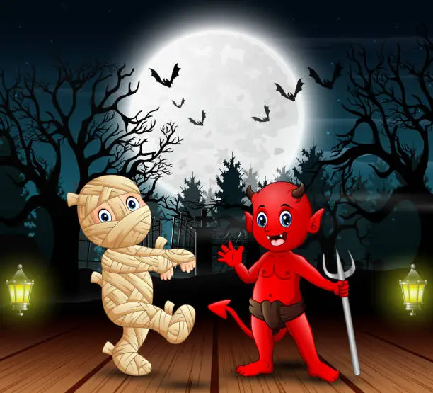 Vector illustration of Mummy and red devil outdoors in the night