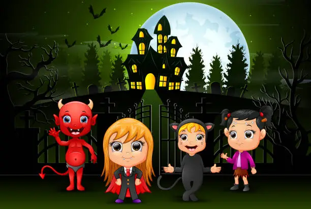 Vector illustration of Happy halloween kids outdoors with haunted house background