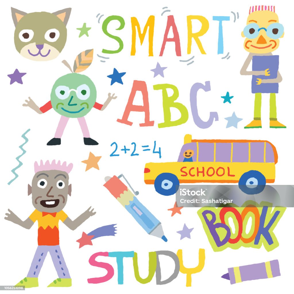 Back To School Doodle Funny Characters Set 4 Spot Colors Education stock vector