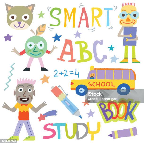 Back To School Doodle Funny Characters Set 4 Spot Colors Stock Illustration - Download Image Now