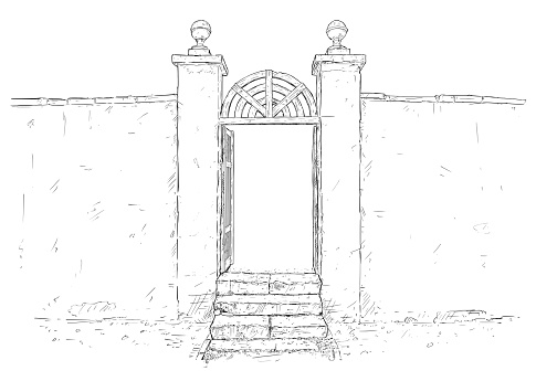 Vector artistic pen and ink drawing illustration of simple decorated chateau park garden gate with stairs and wall around.