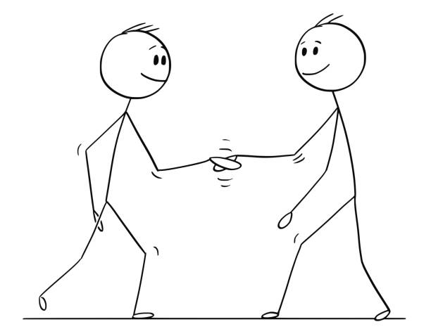 Cartoon of Two Men or Businessmen Shaking Hands Cartoon stick drawing conceptual illustration of two men or businessmen shaking hands or doing handshake. Business concept of cooperation or agreement. funny contract stock illustrations