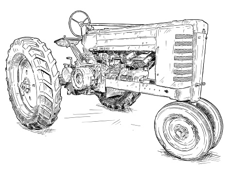 Vector artistic pen and ink drawing of old tractor. Tractor was made in Iowa, USA or US between 1934 and 1952 or 30's, 40's , 50's.