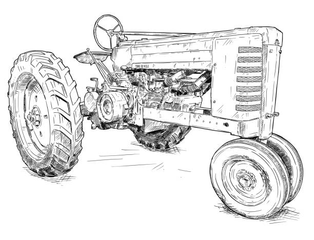 Vector Artistic Drawing Illustration of Old Tractor Vector artistic pen and ink drawing of old tractor. Tractor was made in Iowa, USA or US between 1934 and 1952 or 30's, 40's , 50's. tractor illustrations stock illustrations